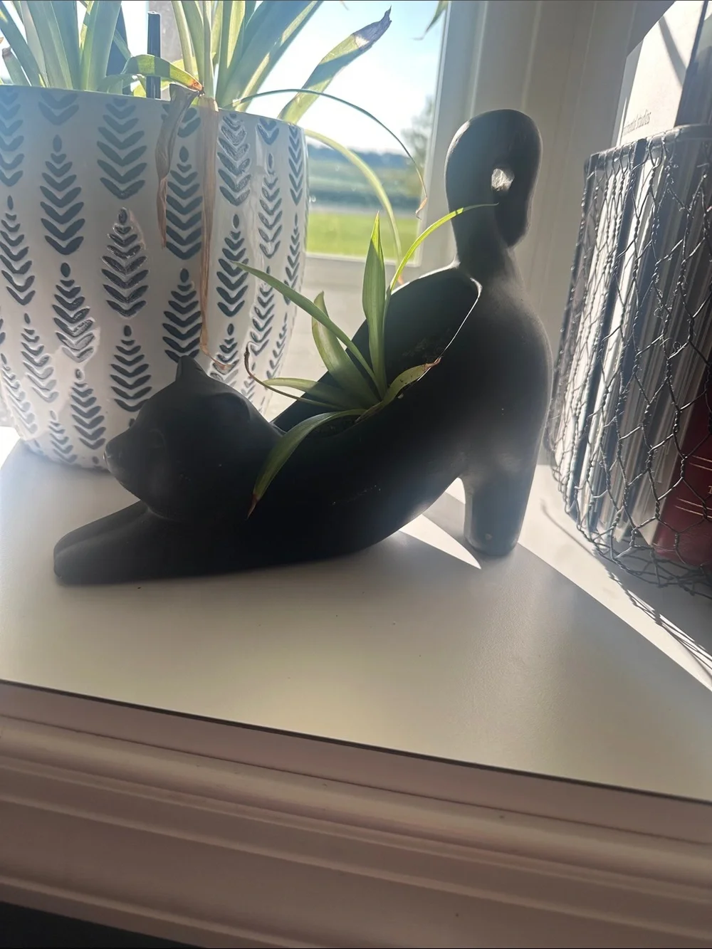 SET of TWO Target Black Cat  Stretching Planter Figurine and dog Figurine Set